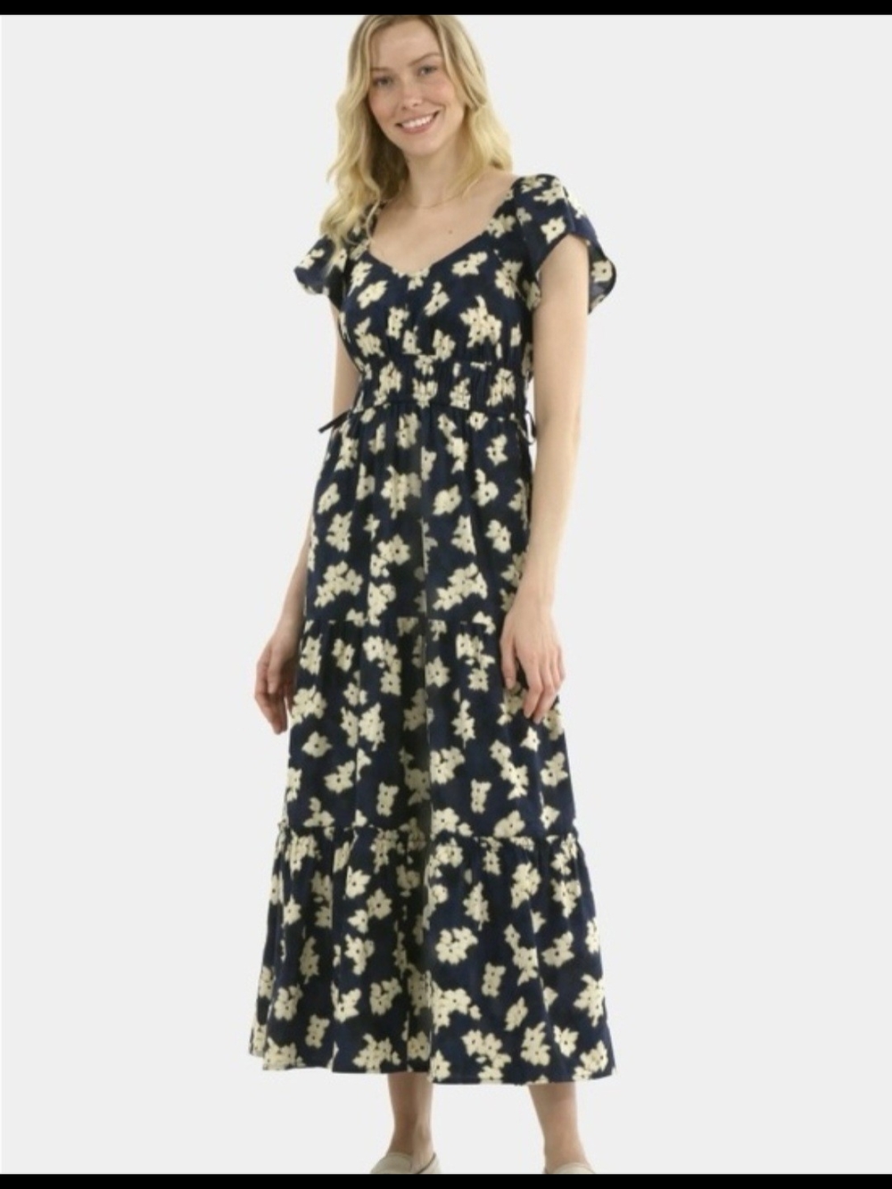 Time and Tru Navy and Cream Floral Maxi Dress with Tie Waist